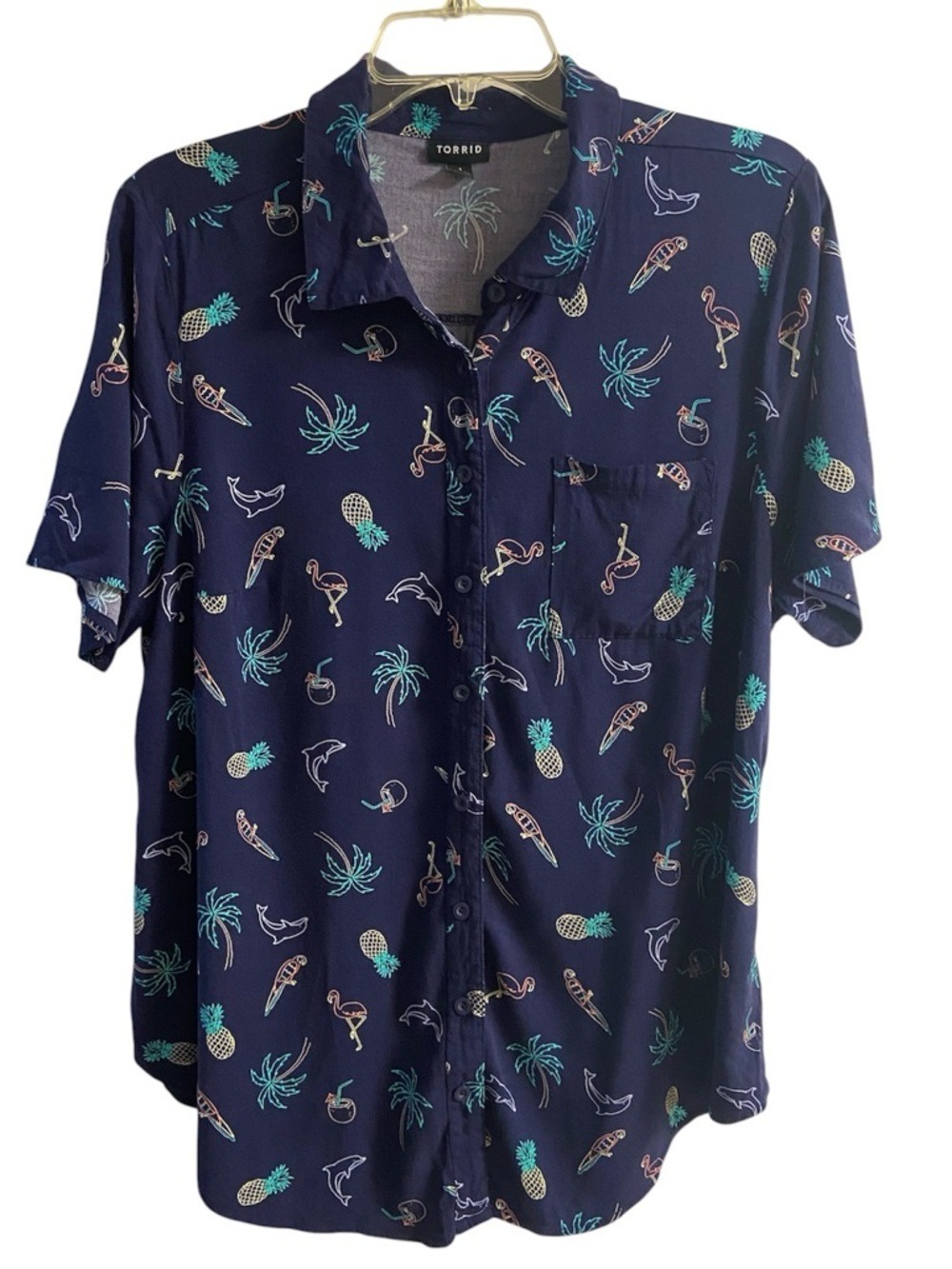 torrid Navy Tropical Motif Short Sleeve Button-Up Shirt 1X